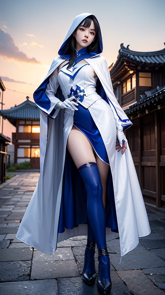 South korea assin women mystery hooded on with modern royal Blue coat with long and wide sleeves with but and royal Blue cape and very high white heel over the knee and white gloves, As she reveals a small secret hidden blade coming from his palm , adding to the character's mysterious and agile appearance, with small movements of air on the cape, jump from roof to roof, in summer at night under the rain,medieval south korea house. sophisticated and highly detailed, ultra hd, realistic, hyper detailed, enhanced colours, ultra sharp focus, with vibrant, rich in details High quality, gorgeous, captivating, 8k, super detailed, stunning shadows, detailed lines, blood stain on coat and gloves, corpsese street recently murdered