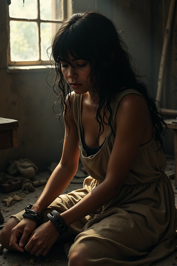 A slave girl is working with shackles on her hands.