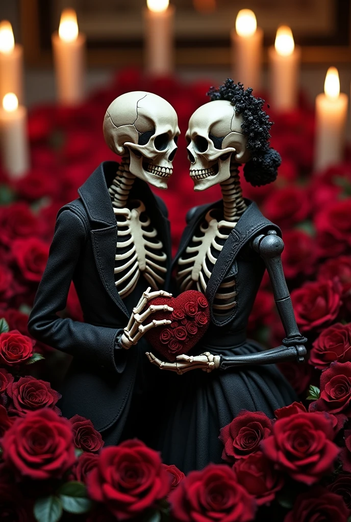 Un coeur dessiné par des roses noires et rouges avec un squelette homme et une squelette de mariée qui font un coeur avec leur mains jointes. Le squelette homme a son coeur apparent au niveau de la poitrine transpercé par un pieu