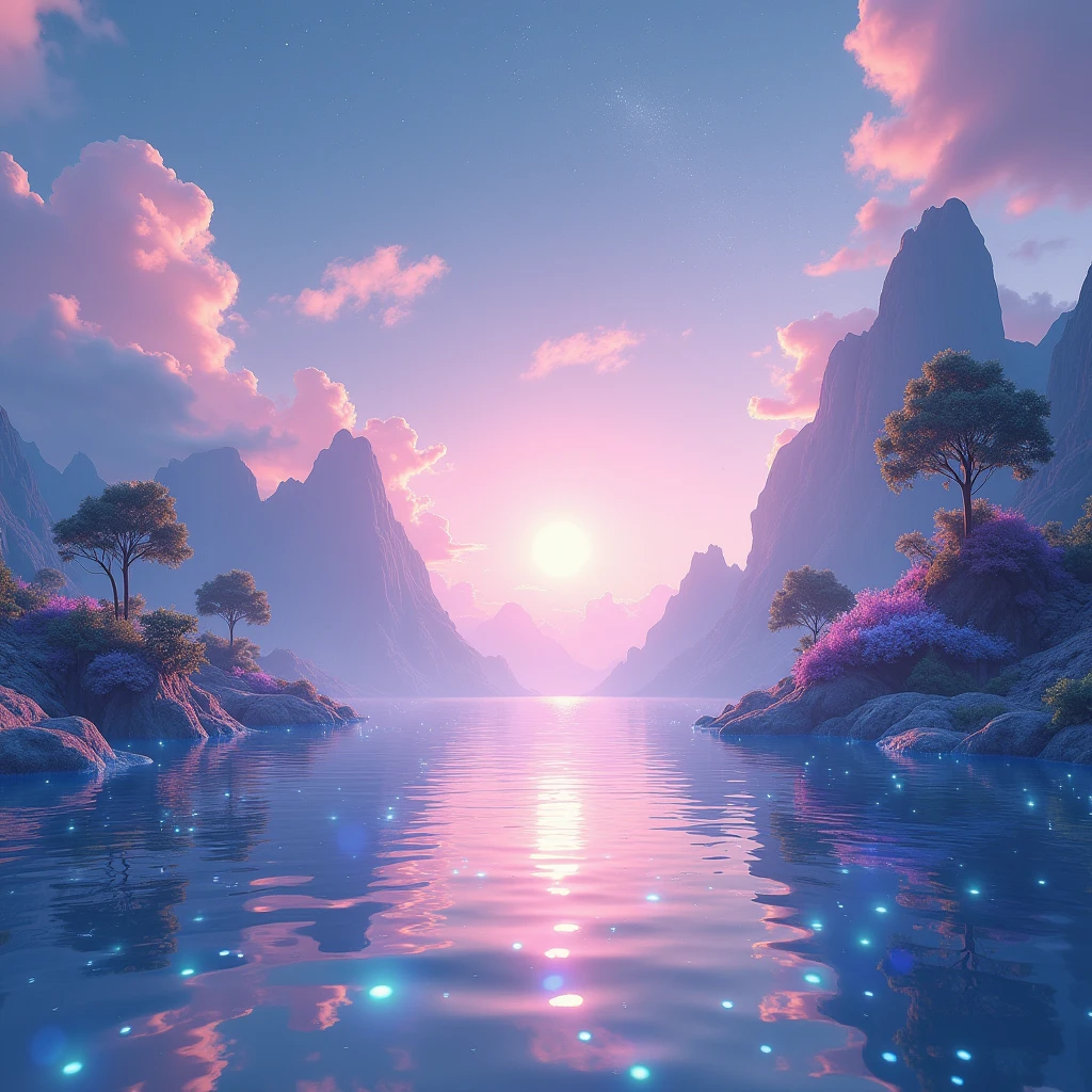 Design a visually captivating digital artwork with an otherworldly landscape, floating in a sea, They blend seamlessly with the ethereal backdrop, a mesmerizing and surreal scene, evoking a sense of awe and tranquility, Masterpiece in maximum 16K resolution, Excellent quality, gleam and glitter