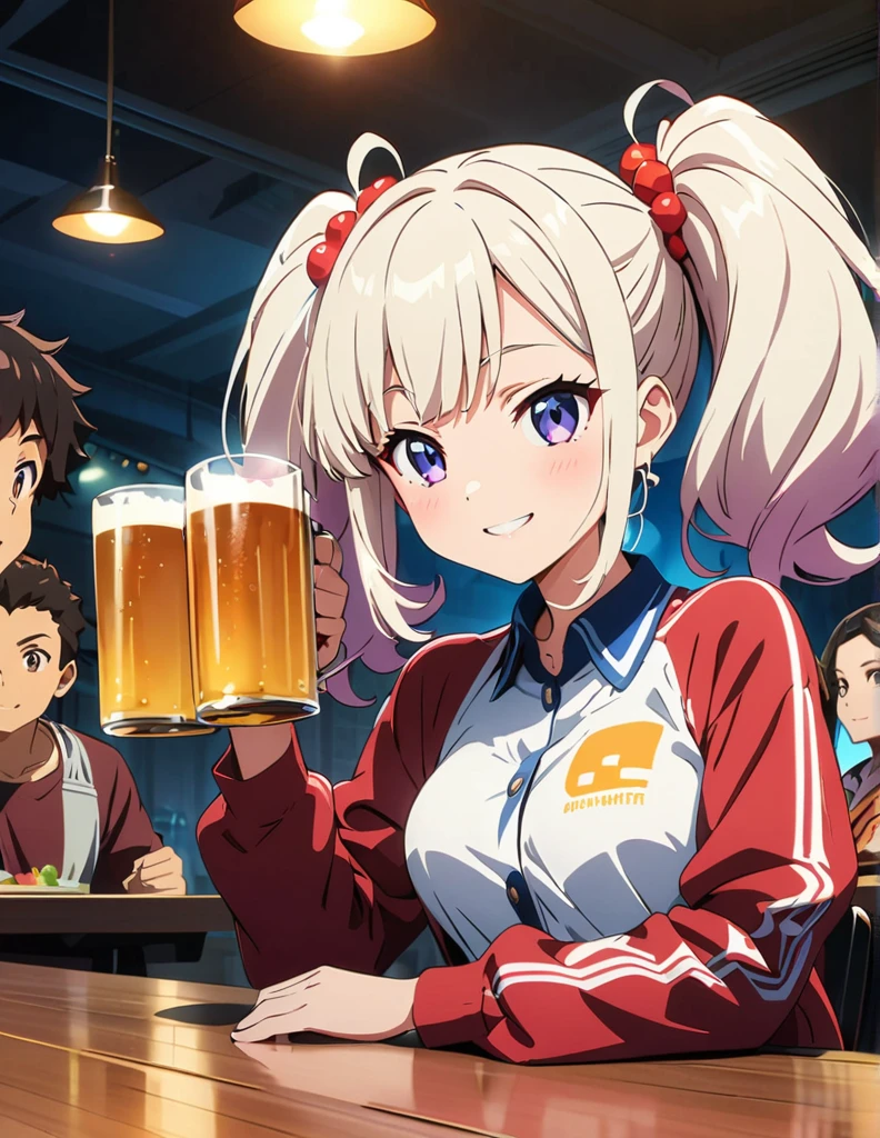 (anime artwork, anime style, studio anime, very detailed, up to date, vibrant, Anime Coloring, high contrast, masterpiece:1.2, best quality, best aesthetics),multiple girl,multiple boy,drinking party,Japanese pub , Medium chest,random hair, perfect proportions, high detail skin, Cute, detailed faces, sit,happy smile, table chair,holding beer mug
