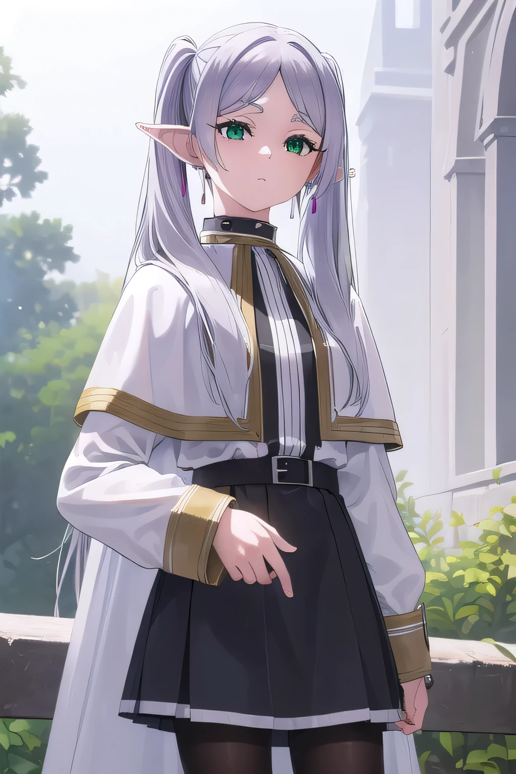 Freezing, Freezing, Long Hair, Twin tails, (Green Eyes:1.5), Grey Hair, Pointed Ears, Fairy,
break shirt, Long sleeve, jewelry, pantyhose, Earrings, Striped, black pantyhose, Capelet, Striped shirt,
break outdoors, null, nature,
break looking at viewer, (Cowboy Shot:1.5),
break (masterpiece:1.2), Highest quality, High resolution, unity 8k wallpaper, (figure:0.8), (Beautiful attention to detail:1.6), Highly detailed face, Perfect lighting, Highly detailed CG, (Perfect hands, Perfect Anatomy),