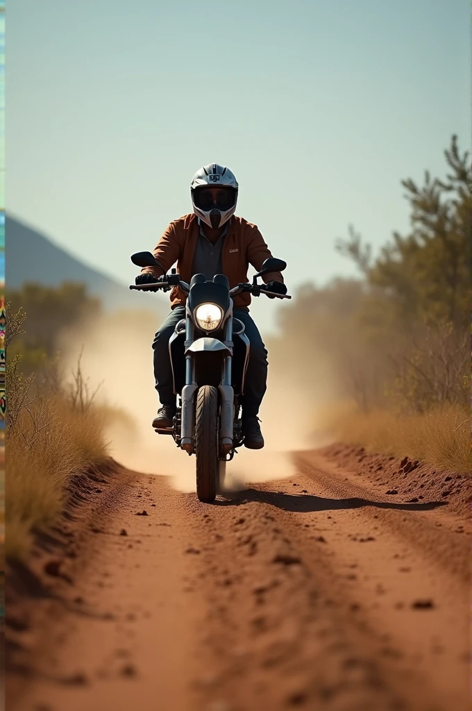 A motorbike rides down a dirt road with no one on it.

