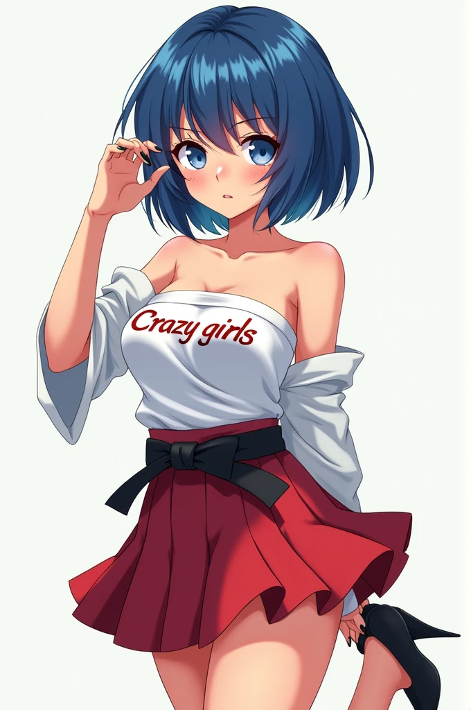 Style de jujutsu kaise anime: short layered blue hair, Brunetette, light blue eyes with pink, with a white strapless blouse with a name "Crazy girls" a short red skirt and black belt, a piercing in the middle of the nose, big black nails black heels, pose with hand in hair , smallbreast