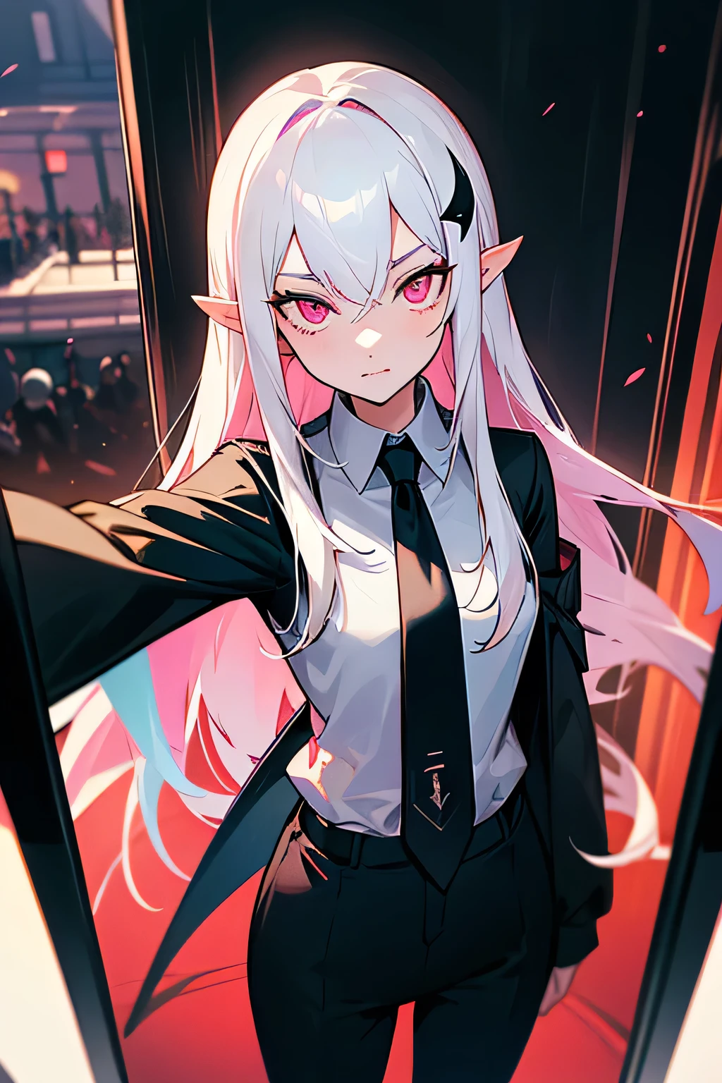 punctuation_9, punctuation_8_High above,punctuation_7_High above, fountain_アニメ, highly detailed background, 1 girl, standing alone, EPfeCorrin, White hair, pink eyes, long hair, hair ornament, hair between the eyes, pointy ears, business suit, black pants, white collar shirt, black costume, Black jacke, black necktie, Selfie, taking photo, Selfie mirror,