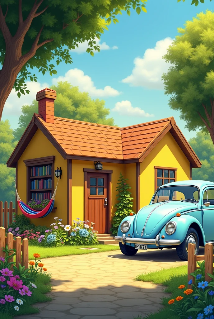 Simple yellow house with a light blue Beetle in the garage and a garden with a hammock and a library 