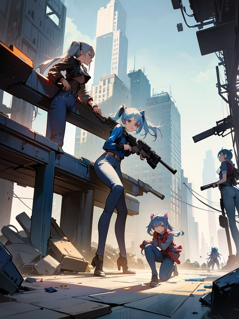 A post-apocalyptic scene in New York, 4 girls in retro-style outfits, wearing tight blue jeans, blue, red, black and white clothes, with pigtails, blue and white hair, holding guns that shoot light, in fierce poses