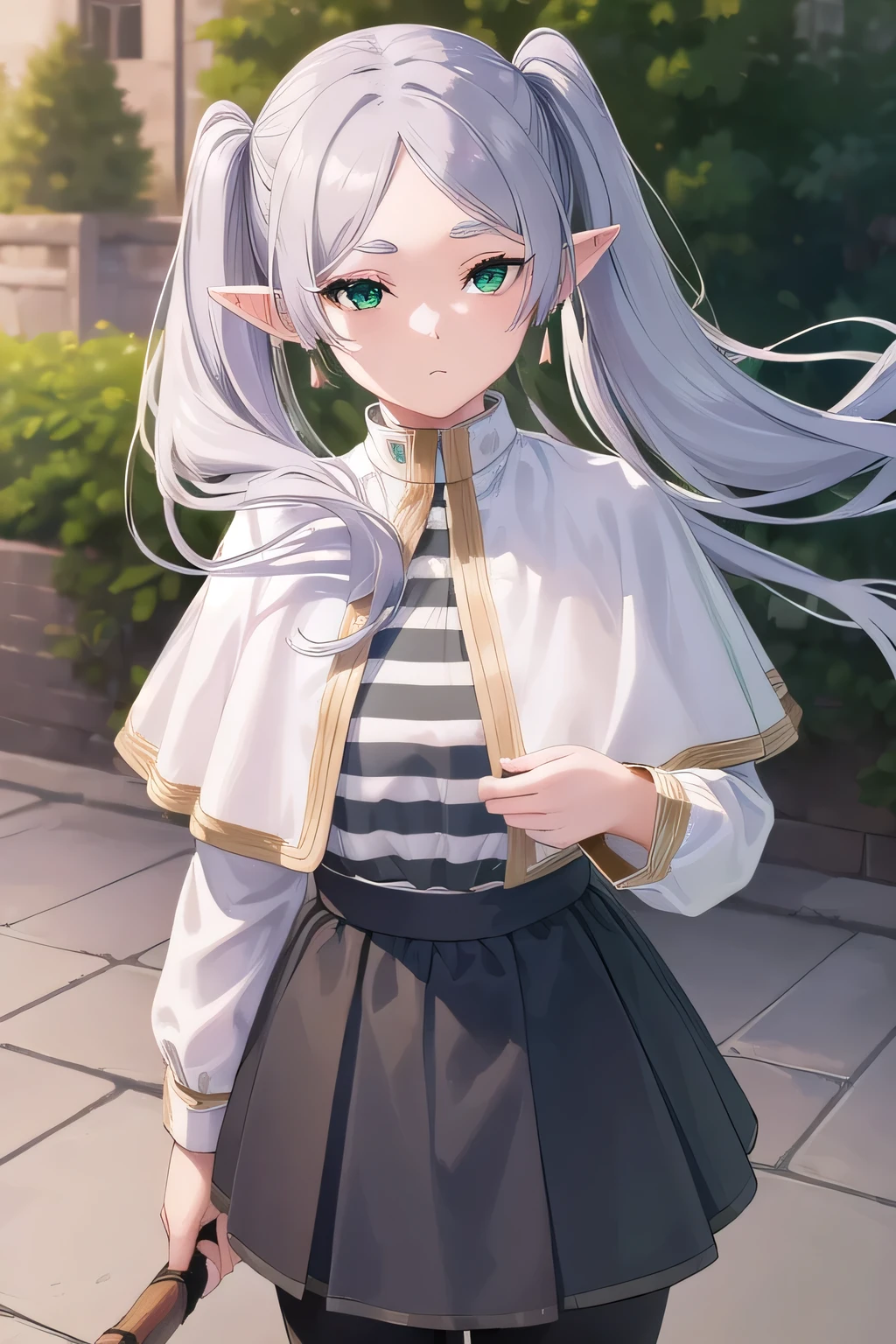 Freezing, Freezing, Long Hair, Twin tails, (Green Eyes:1.5), Grey Hair, Pointed Ears, Fairy,
break shirt, Long sleeve, jewelry, pantyhose, Earrings, Striped, black pantyhose, Capelet, Striped shirt,
break outdoors, null, nature,
break looking at viewer, (Cowboy Shot:1.5),
break (masterpiece:1.2), Highest quality, High resolution, unity 8k wallpaper, (figure:0.8), (Beautiful attention to detail:1.6), Highly detailed face, Perfect lighting, Highly detailed CG, (Perfect hands, Perfect Anatomy),Streetscape、Carrying a walking stick、 ((Close up:1.1))