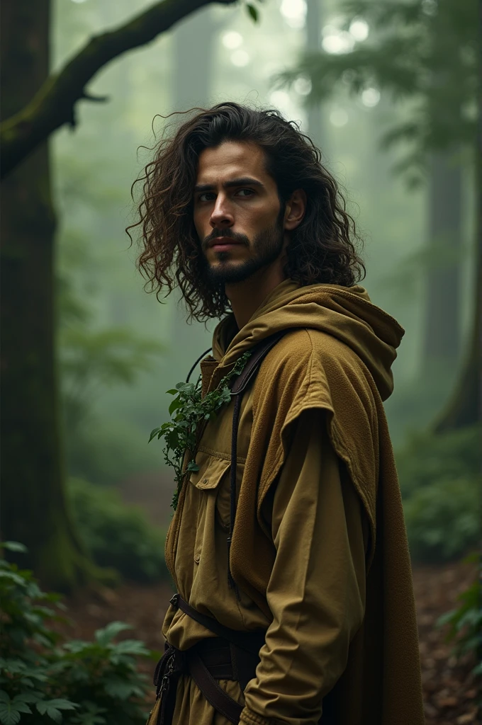 25-year-old guy with long curly hair, unkempt, dressed in golden beige and green colors and an old brown hooded robe,  with an intimidating look and muscular build, fine features