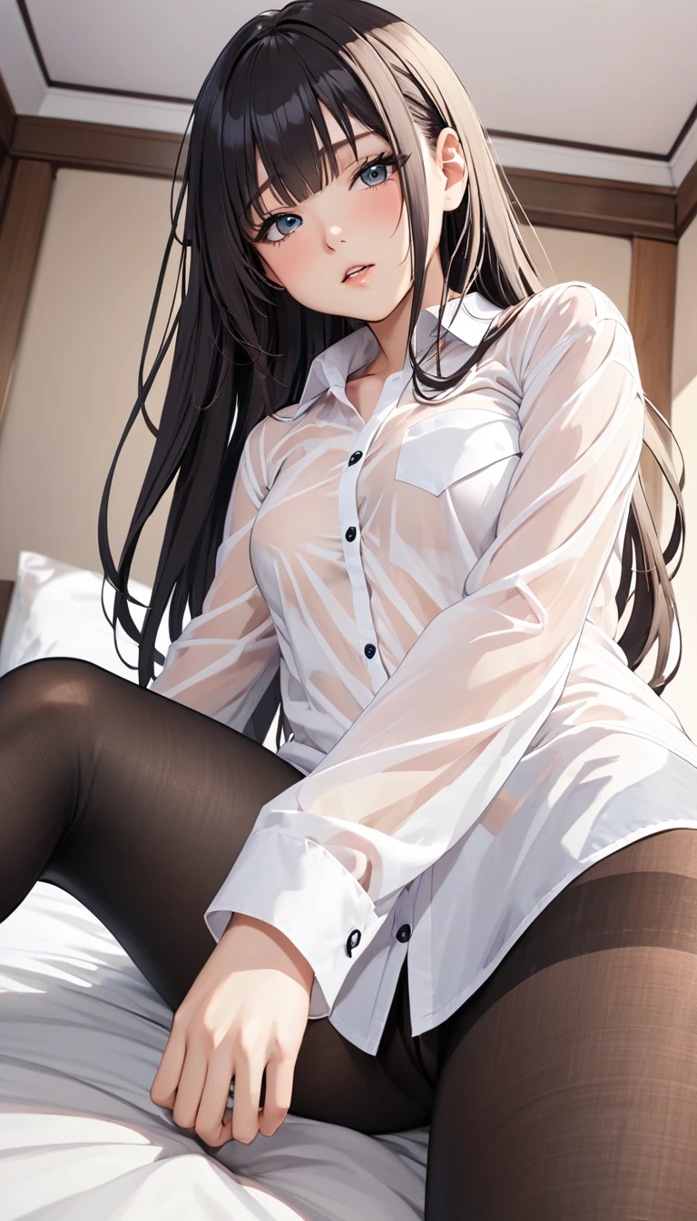 , solo, lying, blush, on bed, indoors, lying on bed, black pantyhose, long hair, asymmetry bangs,medium breasts, over sized long sleeve white shirts, see-through shirts, looking at viewer, from below,