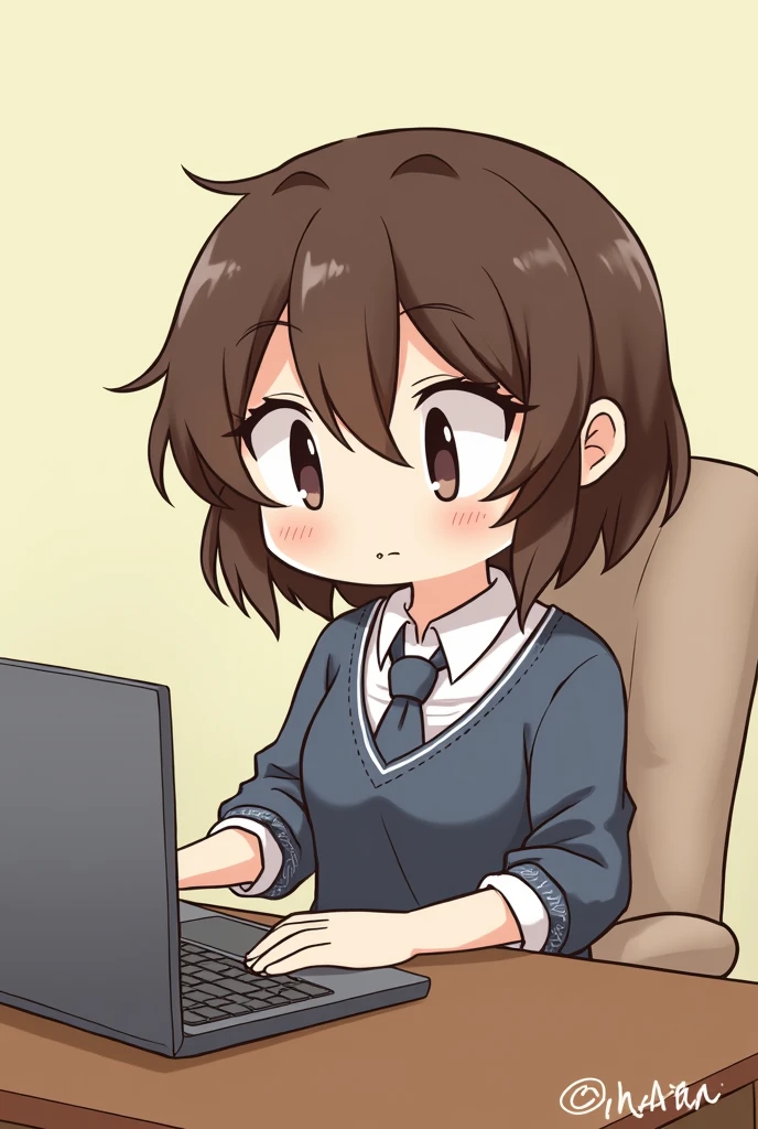 art mignon, femme, cheveux brun court, un ordinateur sur un bureau, dessin, chibi