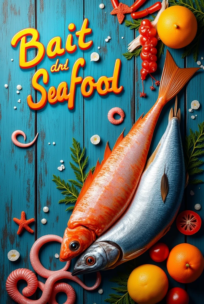 Seafood delivery ad with fish, squid and portions written:Come and get to know the number, call now to (22)981562740 written below and above written baits and seafood written in Brazilian Portuguese