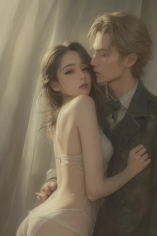 Soft lighting、Dramatic Shadows、A calming color palette、

Couple: Blond man (expensive, Statue-like, good looking, A brave young man with blue eyes, Curly blonde, Wearing an antique grey military uniform) He embraces the dark-haired woman (Sensual woman、Beautiful and detailed、Beautiful and delicate lips、Highly detailed face、Long eyelashes、Elegant appearance、Gothic Dress、A beautiful young femme fatale, she has blackberry eyes, Black panties、Sensual pose、Bold Pose、The skin is damp、sweating、Expressions of Ecstasy、Heavily wet、With water droplets). They are in love with each other. Sketch of、Beautiful Face, Beautiful Face立ち, Perfect image, , Full body image, Detailed Images, Highly detailed illustration, Carefully drawn.Watercolor