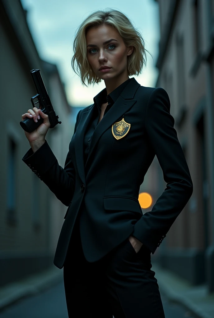 Woman 25 years old, tall and thin. white. hair blonde, wavy and short. Black suit and detective badge. Policerman. M17 in hand. greeneyes.