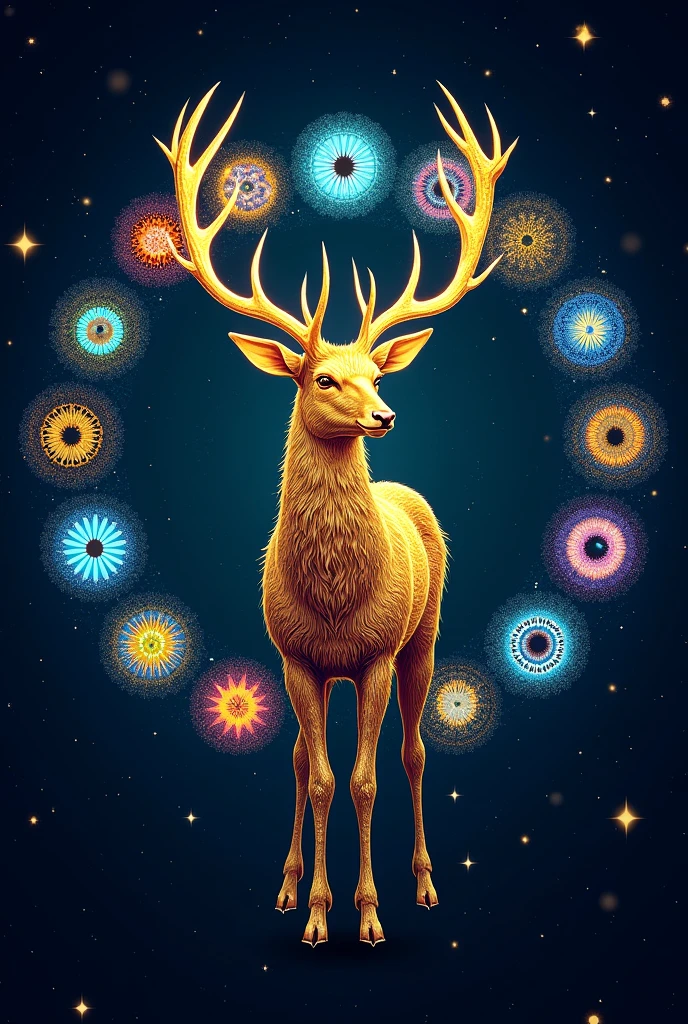 Create an image of a Super Powerful Golden Deer pass logo with 10 eyes around it in a circle shape