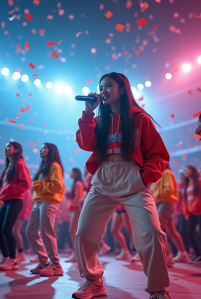 realistic,8k,multiple Beautiful asian girls, hiphop star estilo love live, singing for his fans at the stadium