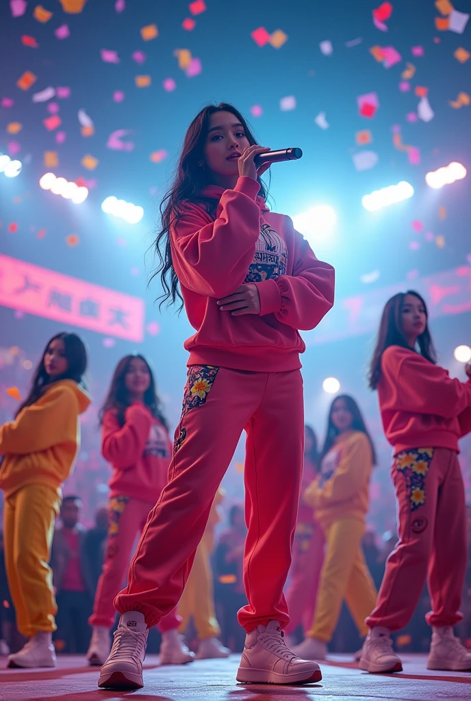 realistic,8k,multiple Beautiful asian girls, hiphop star estilo love live, singing for his fans at the stadium