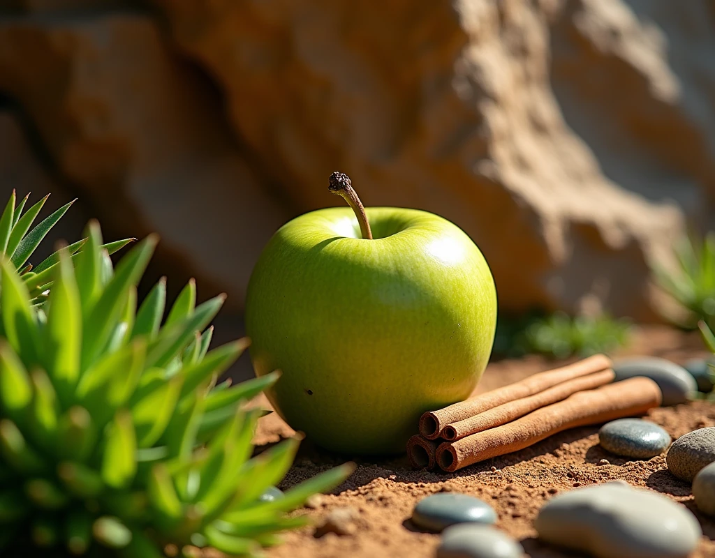 rocky background with green apple, cinnamon and oud wood and in the foreground a base of plants