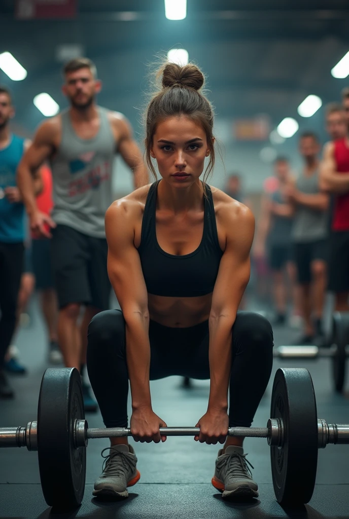 Una he "Super realistic image of a young beautiful russian bitch woman wearing a women's sports outfit, performing a squat with six 10kg weights on each side. Around her, people are watching and giving support, while others are focused on their own workouts."