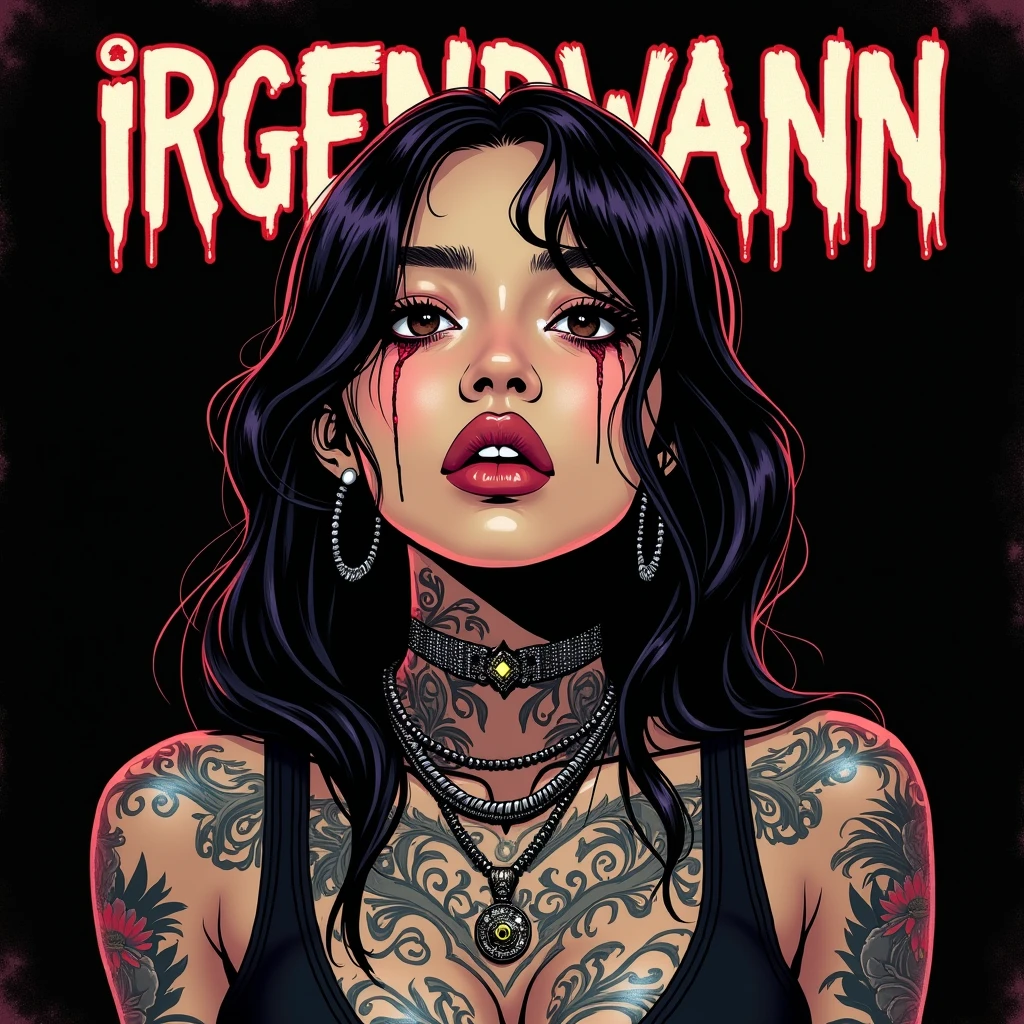 Asian Girl Rapper, pretty, face_tattoos, comic style, cartoon, dark sad vibe, tears, dark background, Album cover, "IRGENDWANN", Letters say IRGENDWANN, dark, comic style, gangster, tech wear outfit, dynamic