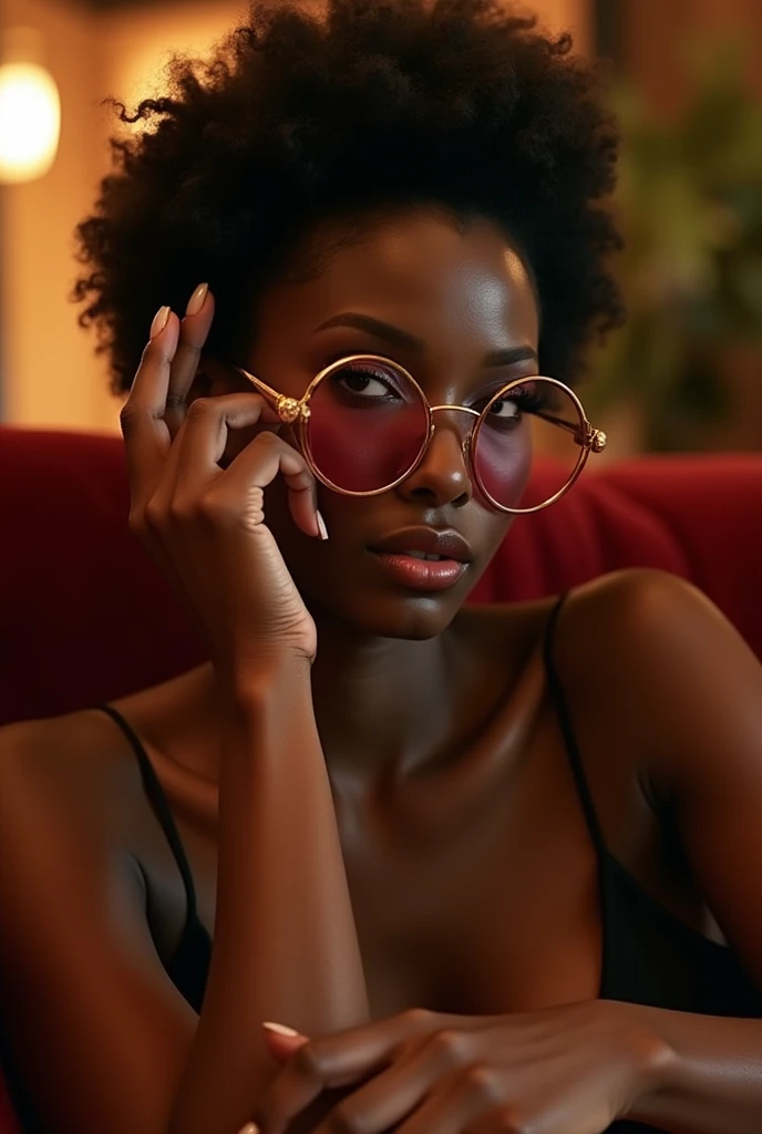 A black woman with a round nose and a face, also thin eyes with red wine glasses, and on the side a golden decoration, her hair is short and curly, her lips thin.