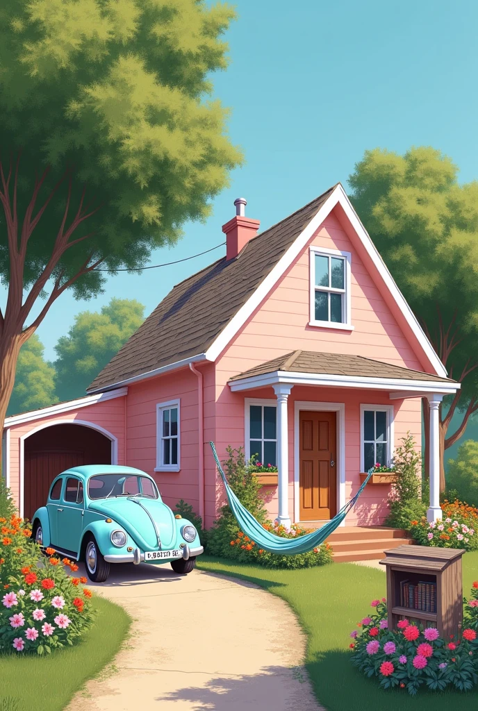 Simple light pink house with a light blue Beetle in the garage and a garden with a hammock and a library 