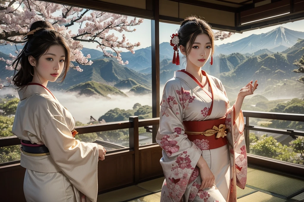 A woman eating a large order of McDonald's french fries.、(background:Cherry blossoms on the mountain are covered with mist)((Ukiyo-e))japanese art,or period,tokyo art, lily,Natural landscape.(masseter membrane、top quality、Ukiyo-e style、mystery、Exquisite and beautiful、official art、Sharaku:1.2)、(1 japanese girl in:1.3)、(fractal art:1.3)、cowboy shooting、White skin、(beautiful brunette、kimono:1.2)、With Japanese traditional performing arts as the background、colorful、(reel、Belongs to Japanese style:1.2)、