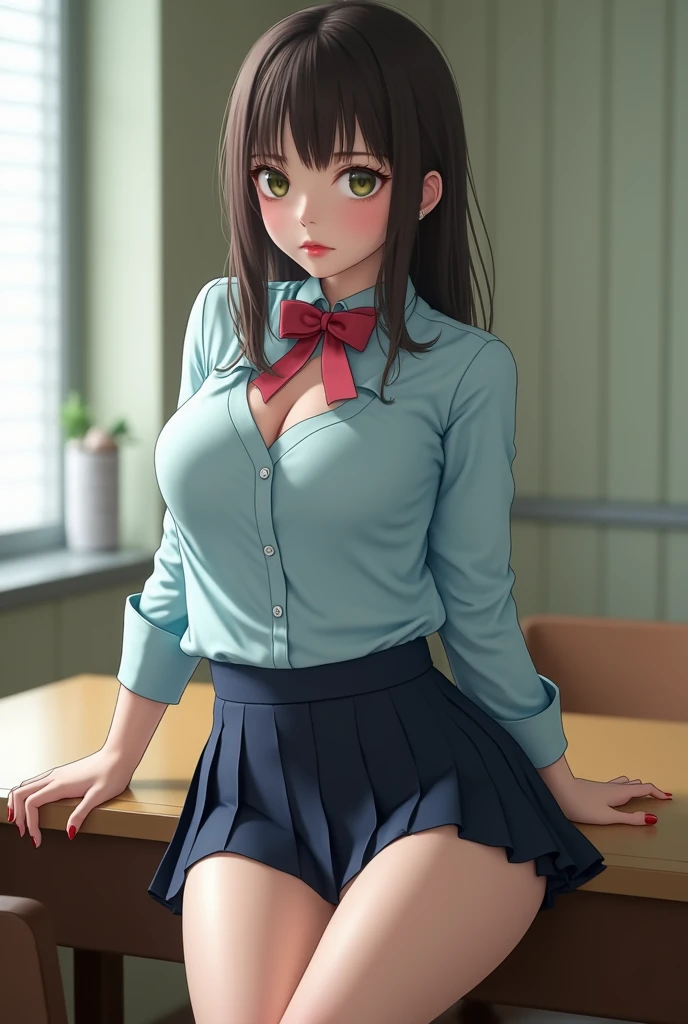 High resolution、High resolution、in 8K、RAWphotographgraphy、Highest quality、masterpiece、Tabletop、、student、Light green Bra,White skin,knees,(Skin-colored pantyhDetailed Panty Pattenty Focus、Pinkies、absurdes,SmalBig Breasts、Part the front he middle、The forehead is visible,(Cold look<Squinting my eyes,Glare,strong,Light anger)、masterpiece,Highest quality、超High resolution,RAWphotograph,only,Beautiful poop,one person, one personで,Dark look,Small breasts,whole body、very nice、JK ,high sirl,Japanese women,Are standing,(Realistic:1.37)、Photon Mapping,Light blue ribbon,Realistic、Cute Face,Brown eye、Black socks、22 years old、(Red bow tie)、Radio City、Physics-based only dulling、prospect、Written boundary depth、Blurred Background、photograph,girl、body,Beautiful legs, Long legs, Thin legs,Long Bob Cut,(I can see the front hair), hair, lips, green_eye, Nose Soft,(Light blue shirt), (Navy Pleated Skirt), I can see the knees,See-through clothing,, thigh, black cotton socks,Nogizaka Idol, , Japanese Ido、Sparkling eyes、Glossy lips、