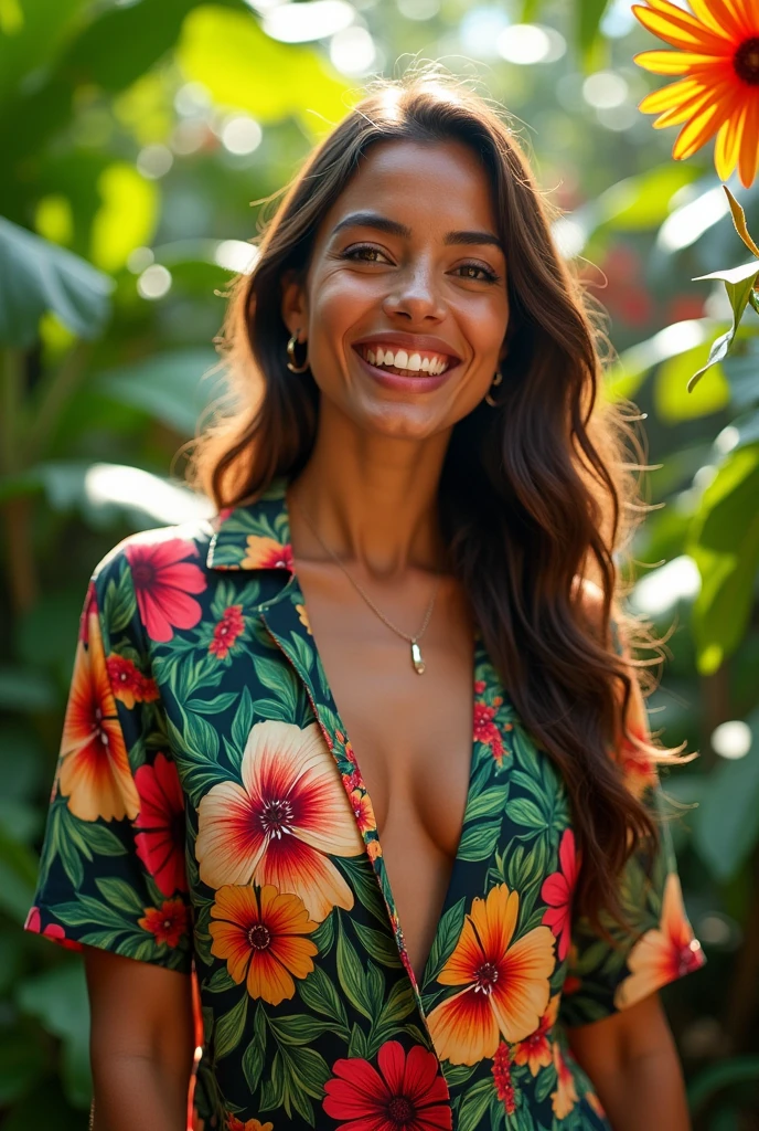 A Brazilian woman in a lush tropical garden, wearing an open shirt with a floral print, with a close-up capturing the harmonious beauty between her breasts and the natural flowers, showing off your natural charm and outgoing personality.