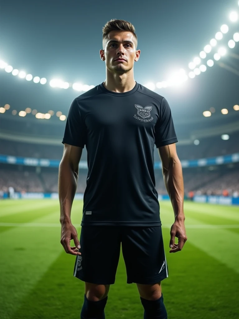 A minimalist all-black soccer team uniform, symbol of a bullet train with a front view, high relief on the right side of the chest