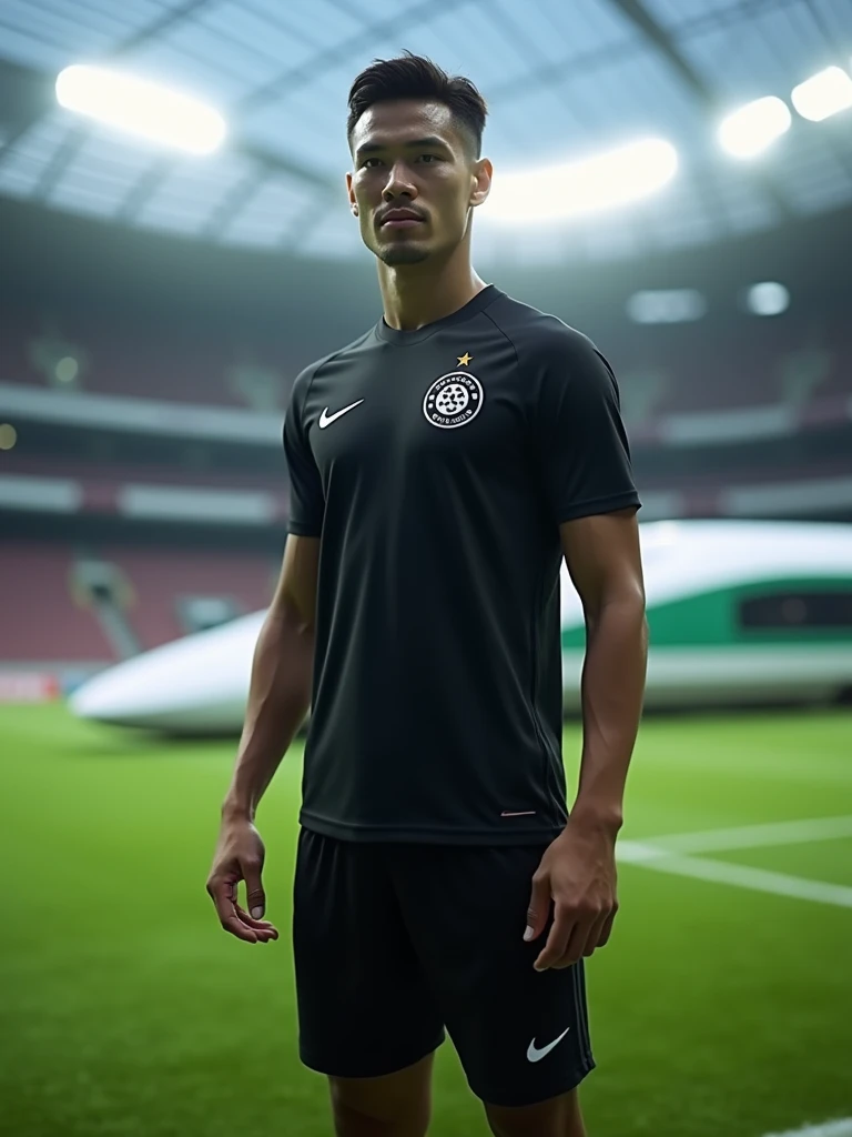 A minimalist all-black soccer team uniform, symbol of a bullet train with a front view, high relief on the right side of the chest