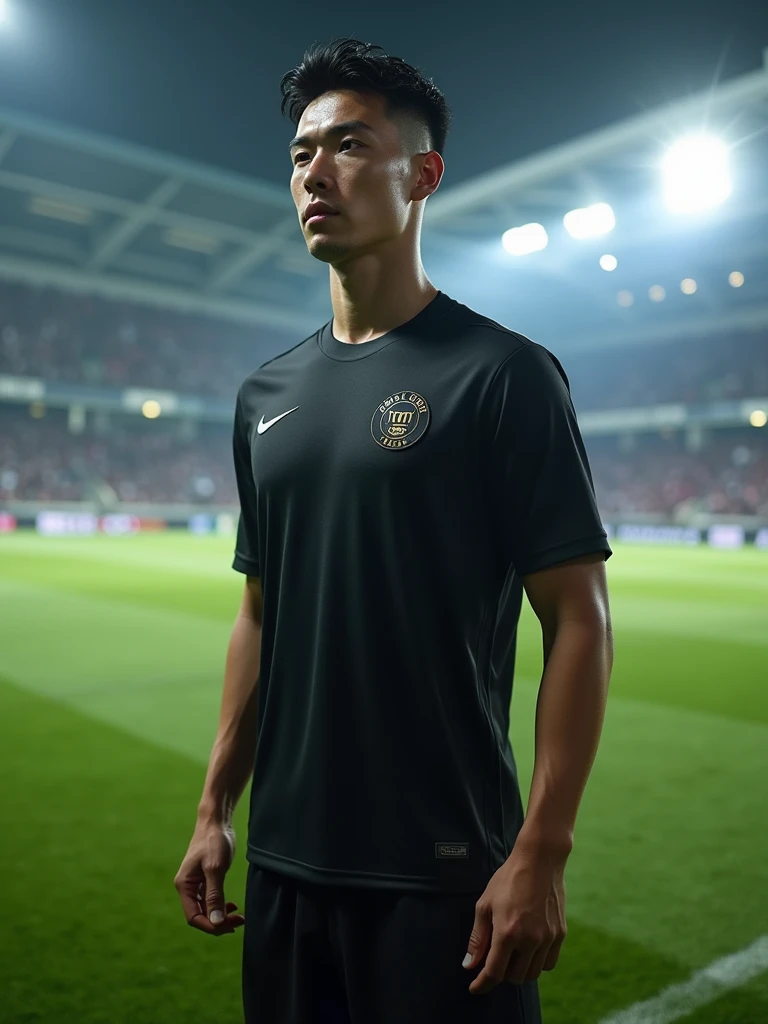 A minimalist all-black soccer team uniform, symbol of a bullet train with a front view, high relief on the right side of the chest