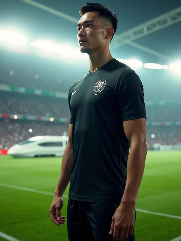 A minimalist all-black soccer team uniform, symbol of a bullet train with a front view, high relief on the right side of the chest