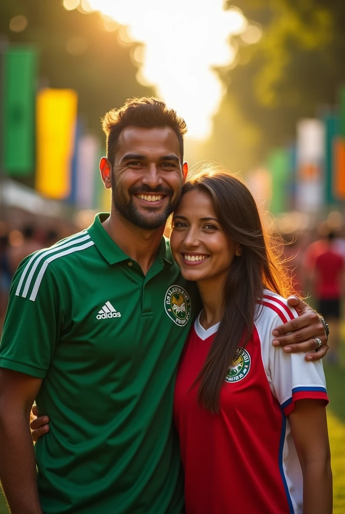 A man wearing a Palmeiras shirt hugging a woman wearing a São Paulo shirt