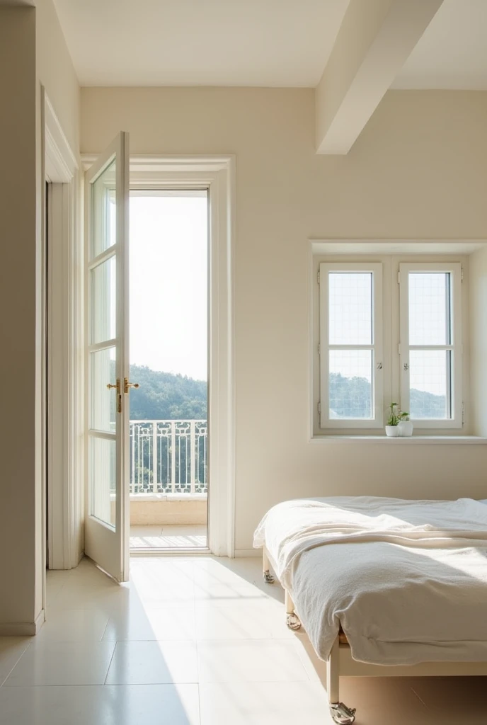 A 30 square meter room, offwhite, with a white checkered glass door leading to a small balcony, on the wall on the right 3 tilting windows, and on the same wall as the entrance door, that is, on the left another door to a bathroom, The bedroom floor is porcelain tiles