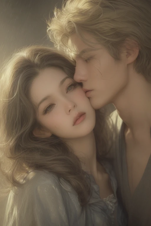 Soft lighting、Dramatic Shadows、A calming color palette、

Couple: Blond man (expensive, Statue-like, good looking, A brave young man with blue eyes, Curly blonde, Wearing an antique grey military uniform) He embraces the dark-haired woman (Sensual woman、Beautiful and detailed、Beautiful and delicate lips、Highly detailed face、Long eyelashes、Elegant appearance、Gothic Dress、A beautiful young femme fatale, she has blackberry eyes, Black panties、Sensual pose、Bold Pose、The skin is damp、sweating、Expressions of Ecstasy、Heavily wet、With water droplets). They are in love with each other. Sketch of、Beautiful Face, Beautiful Face立ち, Perfect image, , Full body image, Detailed Images, Highly detailed illustration, Carefully drawn.Watercolor