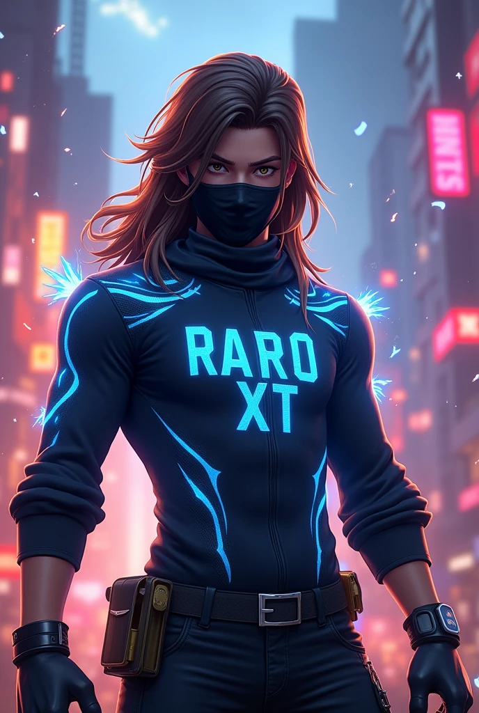 A male character from Free Fire, with long brown hair, with black mask, and with a closed long-sleeved shirt with blue aureas, Written, RARO XT, small chest