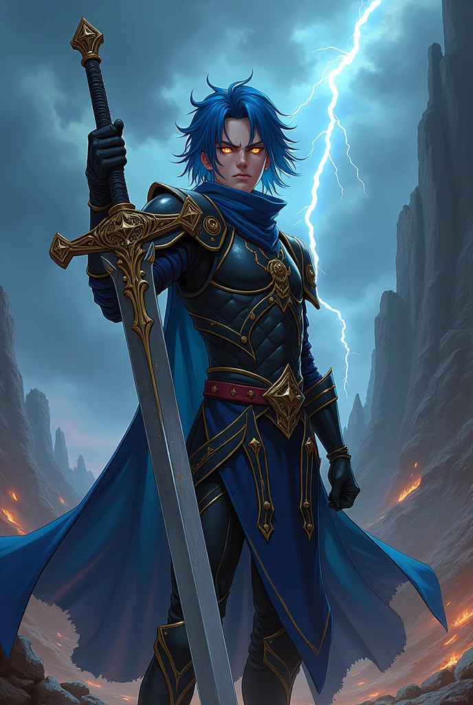Anime young man with greatsword blue hair golden eyes and black armor
