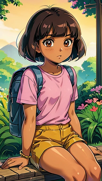 (1girl, dora), (extremely detailed CG unit 8k wallpaper),(master part), (best quality), (ultra detail), (best illustration),(urushisato), cowboy shot, (Sharp eyeliner, ombre, detailed eyes:1), garden, outdoors ,GHIBLI_Background, break , upper body,(pink shirt, shorts, bracelet,backpack,brown eyes, flower, dark-skinned female, (tan), bob cut), sitting on bench,