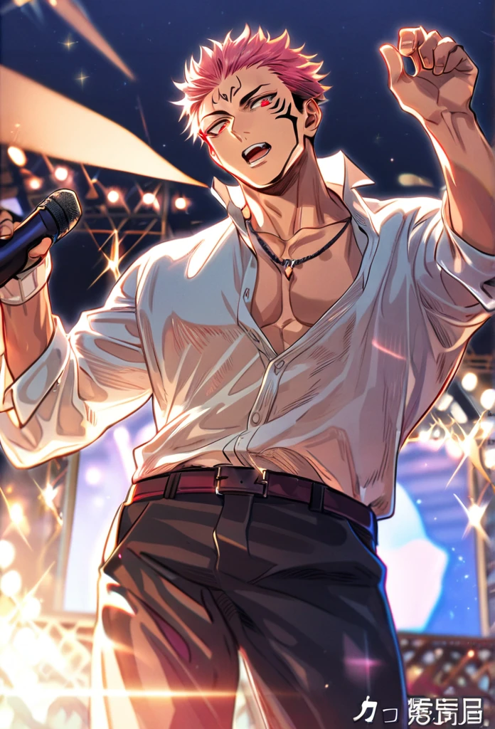 1boy, masutepiece, Best Quality, Wearing an idol costume, Concert Venues, white short hair, ((Accurate and beautifully drawn body and face)), ((holding the mic)), Looking at Viewer