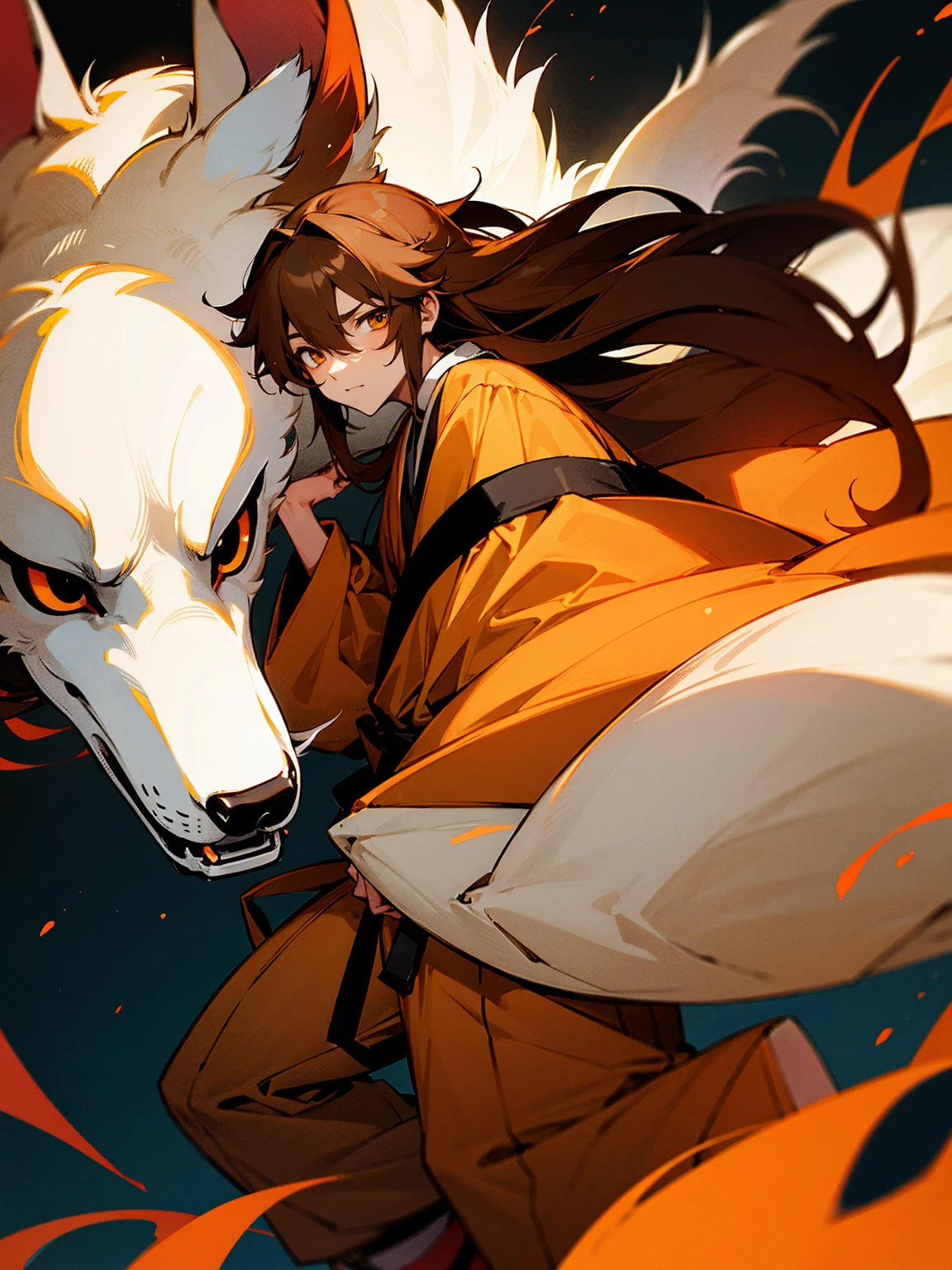 1male, kitsune mask, brown long hair, yukata, baggy sweatpants