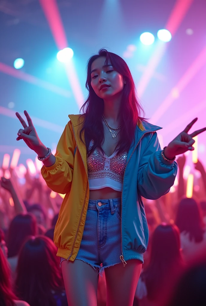 realistic,8k,multiple Beautiful asian girls, hiphop star estilo love live, singing for his fans at the stadium