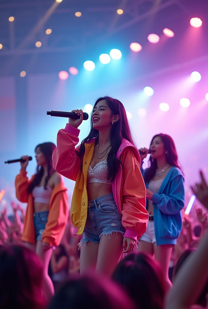 realistic,8k,multiple Beautiful asian girls, hiphop star estilo love live, singing for his fans at the stadium