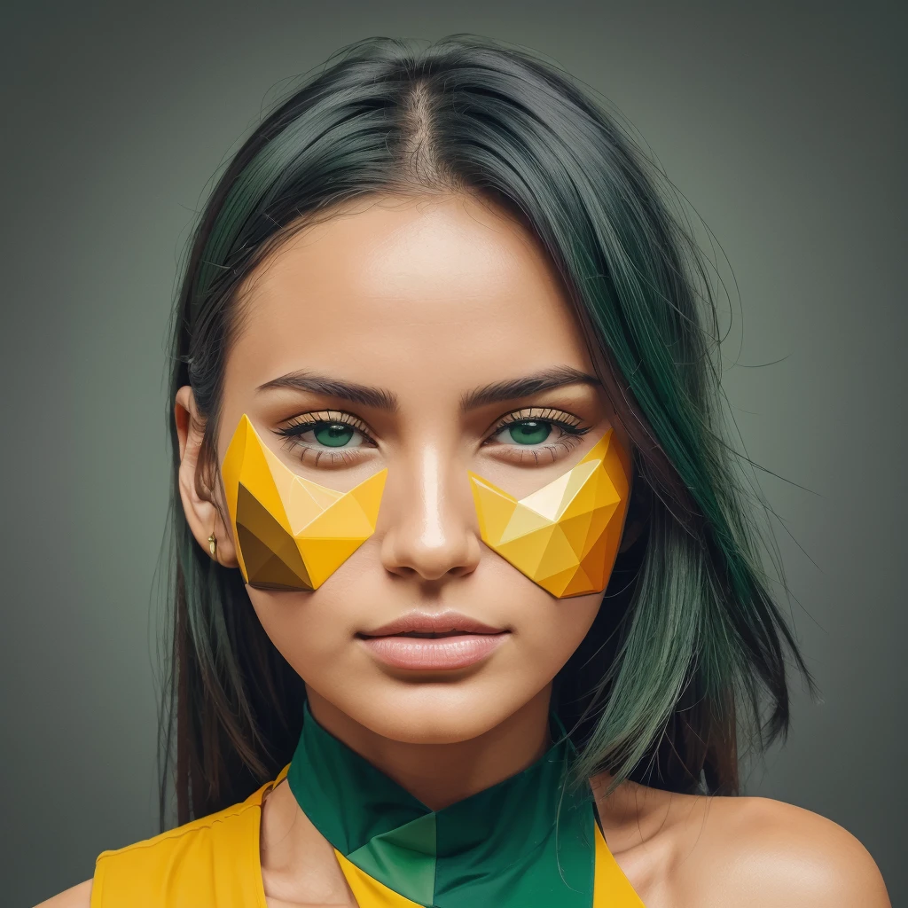 Abstract summer, minimal, vector, mix of natural and geometric, 2D, mostly using color code dark green and mustard palette, dark gray green, dark green mustard pastel color, using very little dark green warm colors with tonal combination With green and mustard color, the direction of the girl's face and look around, the girl's age is over 20 years old, the face should be minimal and abstract, the face should not be realistic and photographic, the face should be geometric and abstract cubism. Style, different face styles, dark gray green, face blend with background
