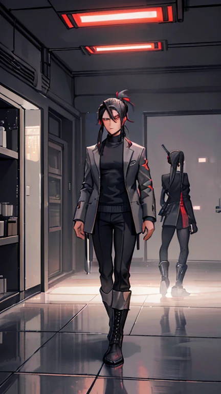 (detailed), (((normal guy))), (Arabic characteristics), ((gray wool jacket)), ((pelo negro rizado Ponytail hairstyle)), ((Ponytail hairstyle)), (calm face), ((by the width)), ((coffee boots)), (((whole body))), ((in a cyberpunk room)), ((male)), (gray turtleneck sweater), ((only one person)), (at night), terror, ((eyes glowing red)), In the dark