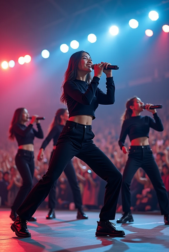 pussy zoom,multi angle,realistic,8k,Beautiful multiple dark hiphop asian dance team girls, rock dancers estilo love dance team live, dancing and singing for her fans at the stadium