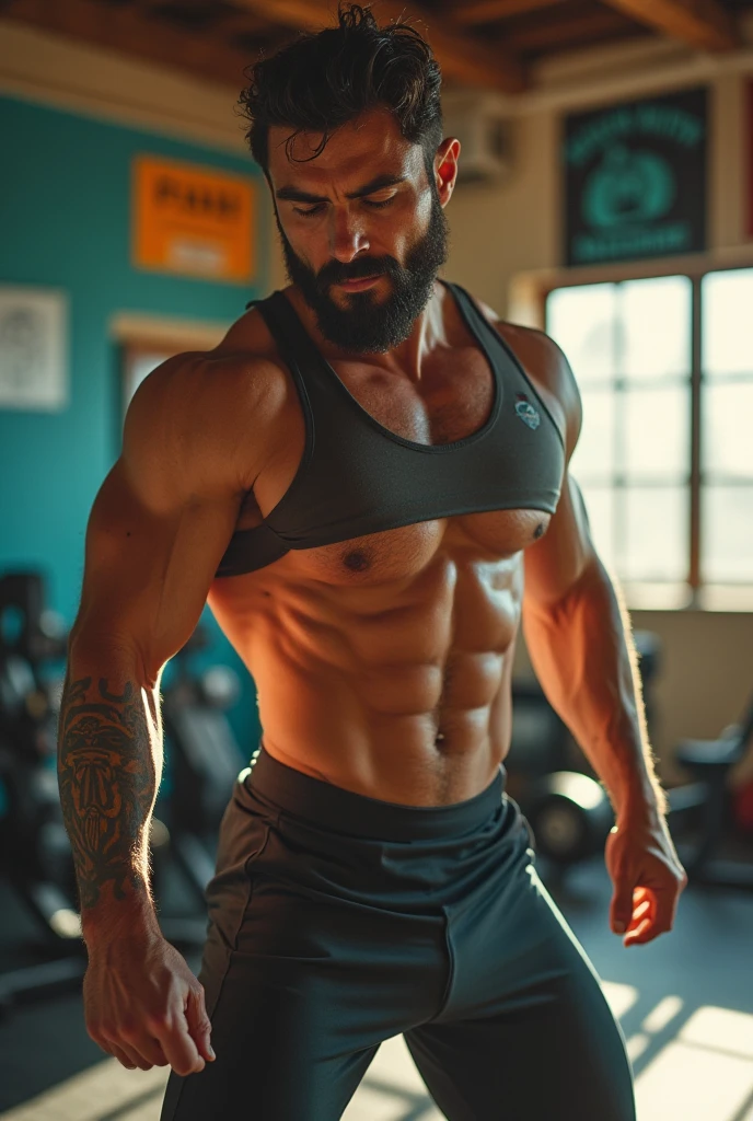 A bearded man wearing workout clothes is training in the room.