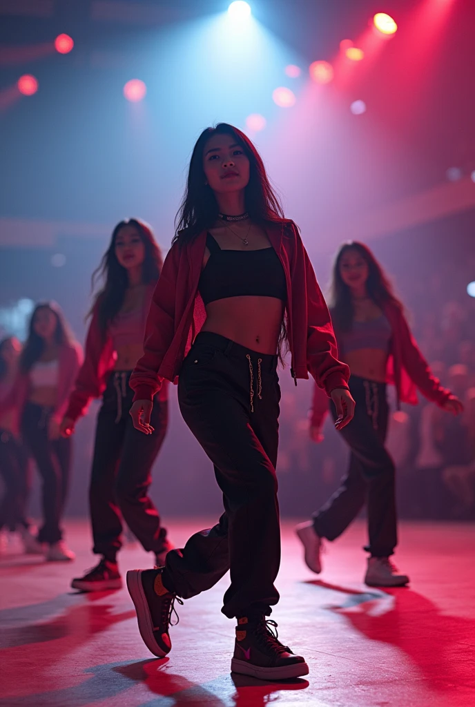 pussy zoom,multi angle,realistic,8k,Beautiful multiple dark hiphop asian dance team girls, rock dancers estilo love dance team live, dancing and singing for her fans at the stadium