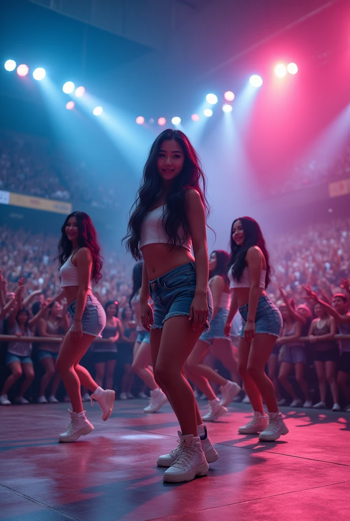pussy zoom,multi angle,realistic,8k,Beautiful multiple dark hiphop asian dance team girls, rock dancers estilo love dance team live, dancing and singing for her fans at the stadium