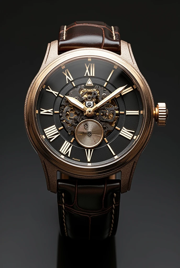 a modern manly wristwatch, made of gold and silver nanoparticles, titanium mechanism, leather strap, highly detailed, intricate design, photorealistic, 8k, masterpiece, luxury, elegant, reflective, shiny, minimalist, analog display, Roman numerals, precise craftsmanship, exquisite materials, premium quality